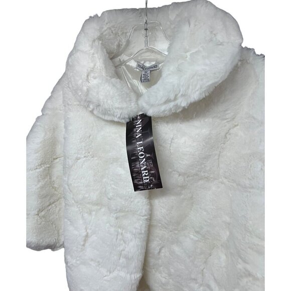 Nina Leonard White Faux Fur Wrap Jacket Capelet Medium Crystal Bling Button New - Picture 5 of 16